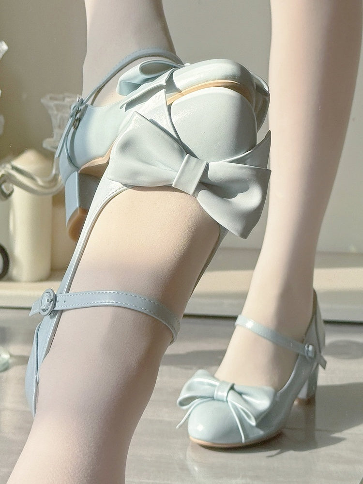 Blue Mid Block Heel Mary Janes in Classic Lolita with Bow at Top & Round Buckle