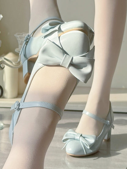 Blue Mid Block Heel Mary Janes in Classic Lolita with Bow at Top & Round Buckle