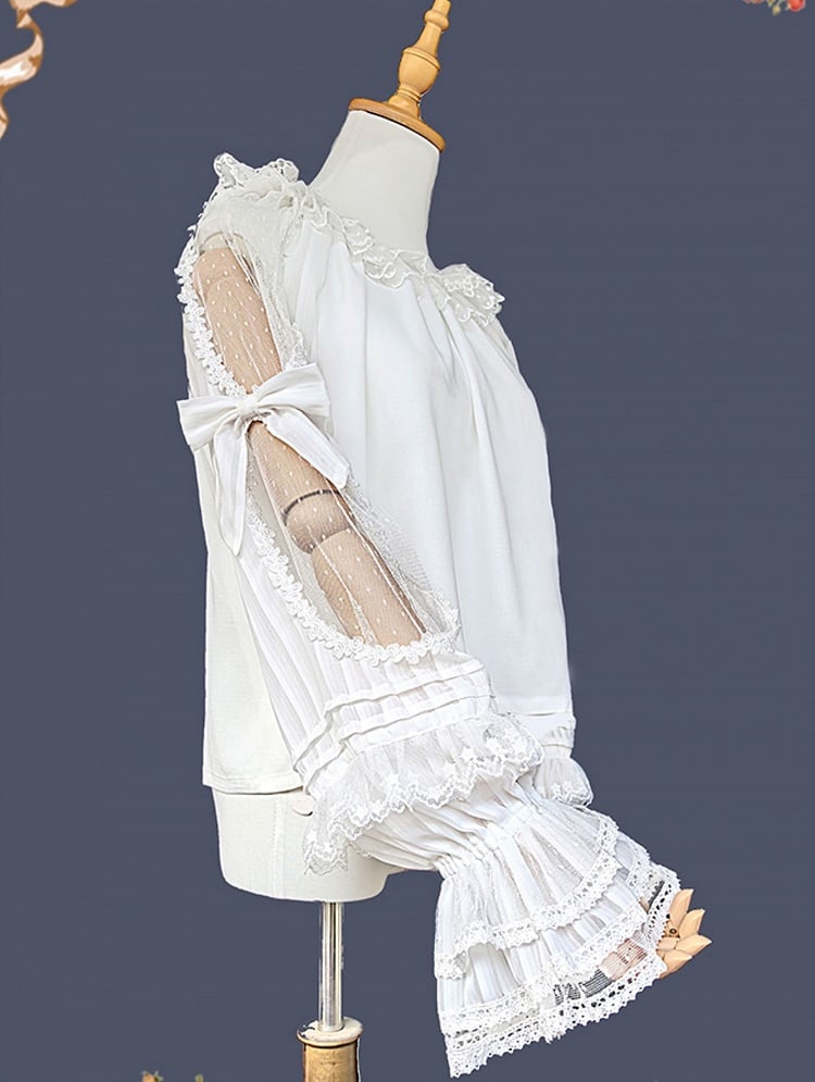 Blouse Sleeves Semi-sheer Neck Trim Lolita White with Round Ruffled and Lace