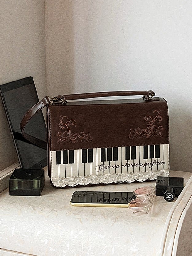Backpack Crossbody Piano-Themed Accents Embroidered Midium-Sized Brown Elegant Briefcase Floral With