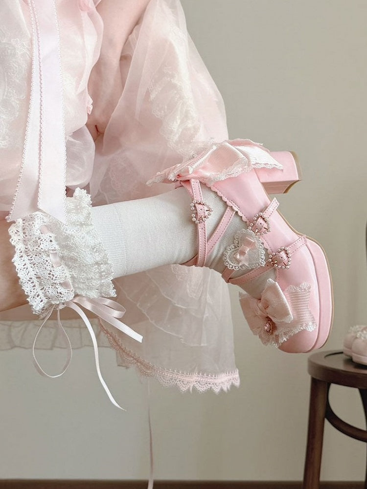 Sweet Lolita Pink Middle Heel Platform Shoes with Lace - Sheep Puff