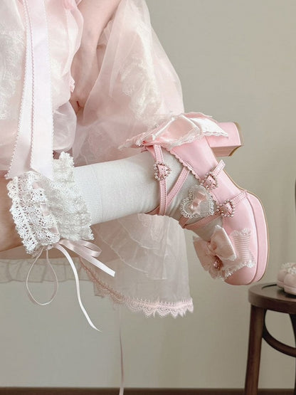 Sweet Lolita Pink Middle Heel Platform Shoes with Lace - Sheep Puff