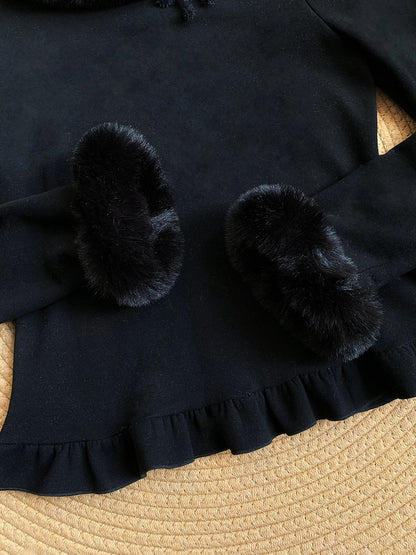 Plush and Neckline Knit Warm Cuffs for Top Black Lolita Autumn/Winter