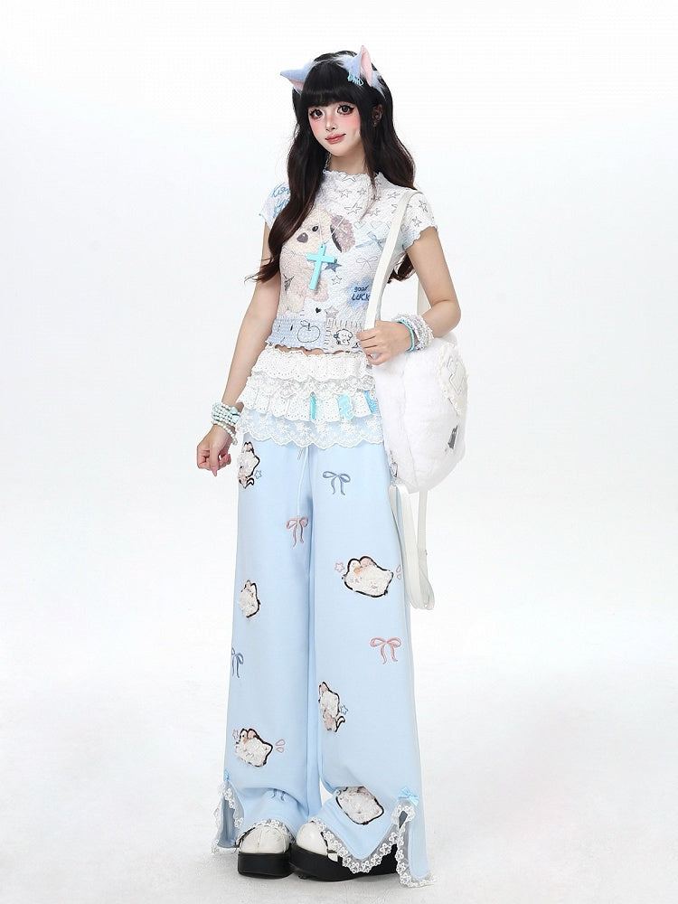 Plush Cat Embroidery Blue Slit Straight Leg Pants - CRAZY GIRL