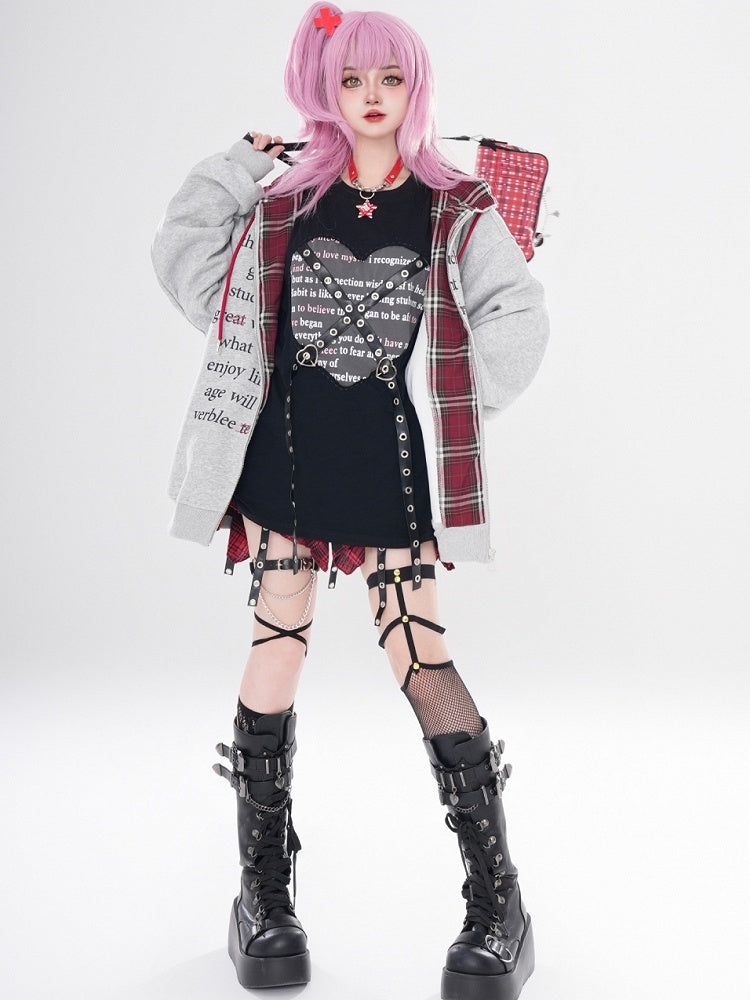 Y2K Black/Grey Letters Loose Zip Hoodie