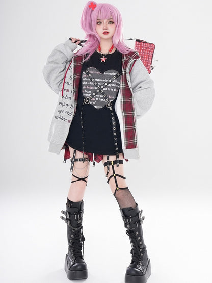 Y2K Black/Grey Letters Loose Zip Hoodie