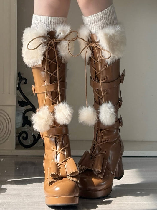 Light in Zip/Buckle Mid-heel with Boots Winter Boot Lolita PU Elegant Collar Brown Plush Details Ornate Lace