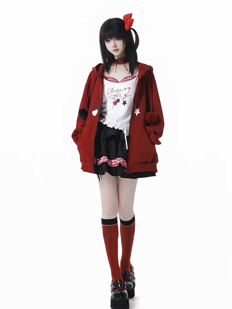 Drawstrings Zip-up with Red Plush Hoodie Pom-Pom