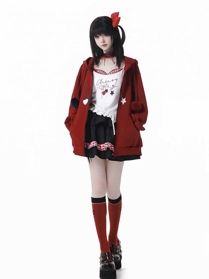 Drawstrings Zip-up with Red Plush Hoodie Pom-Pom