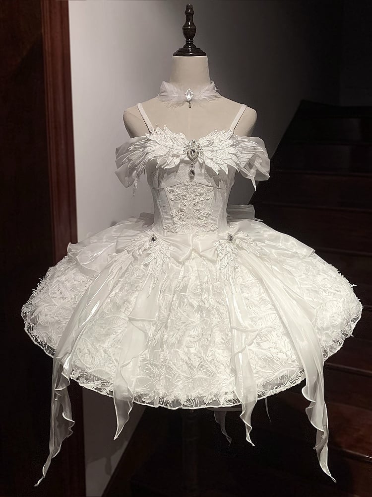 Brustumfang: Weißer Schwanenstoff, Taille: Prinzessin, 92–96 cm, Feder-Baskenkleid, Feenträger, XL, Shiro für Lolita, Spaghettiträger in Ausverkaufsgröße