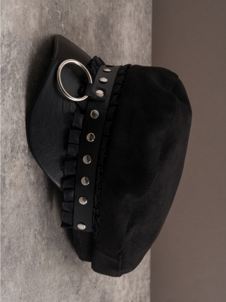 Black Studs Details Beret Gothic Trim Hat Ruffled