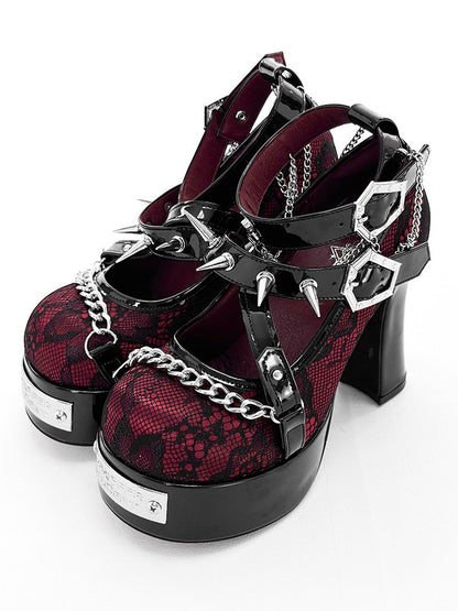 Wine Red Gothic Round Toe 11.5CM High Heels with Black Lace, Spikes & Coffin Buckles - Transfer Student
