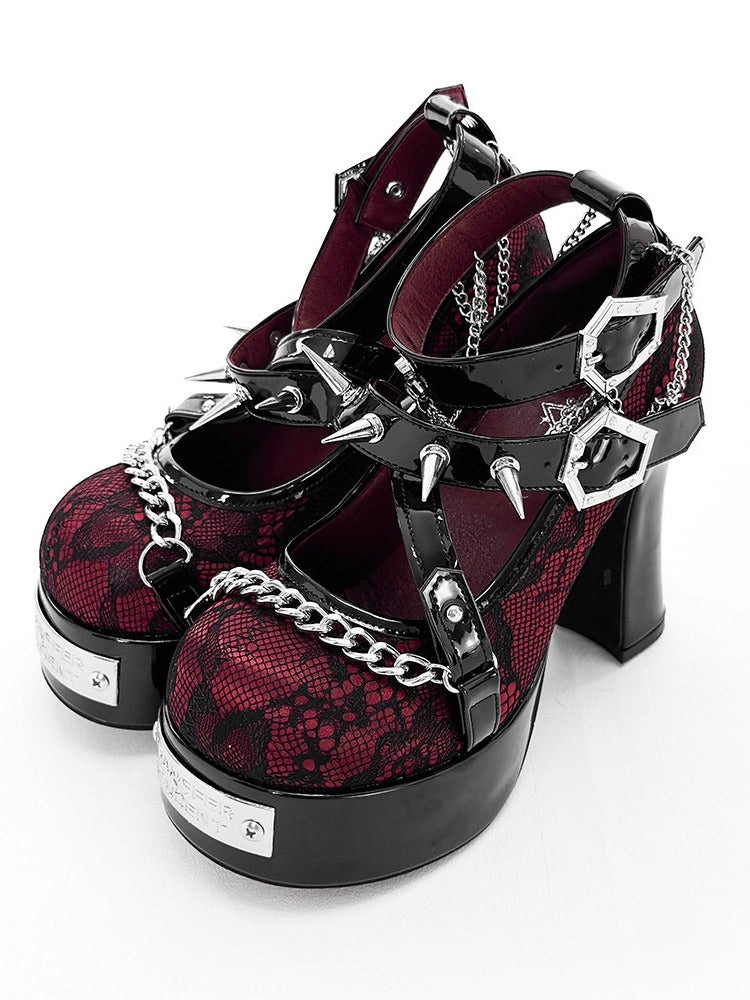 Wine Red Gothic Round Toe 11.5CM High Heels with Black Lace, Spikes & Coffin Buckles - Transfer Student
