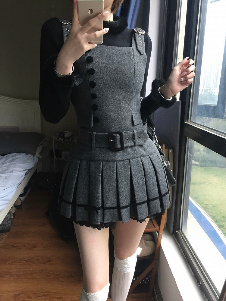 Box with and Pleat Short Belt Gray Faux Pockets Low-Waist Dress Chic Decorative