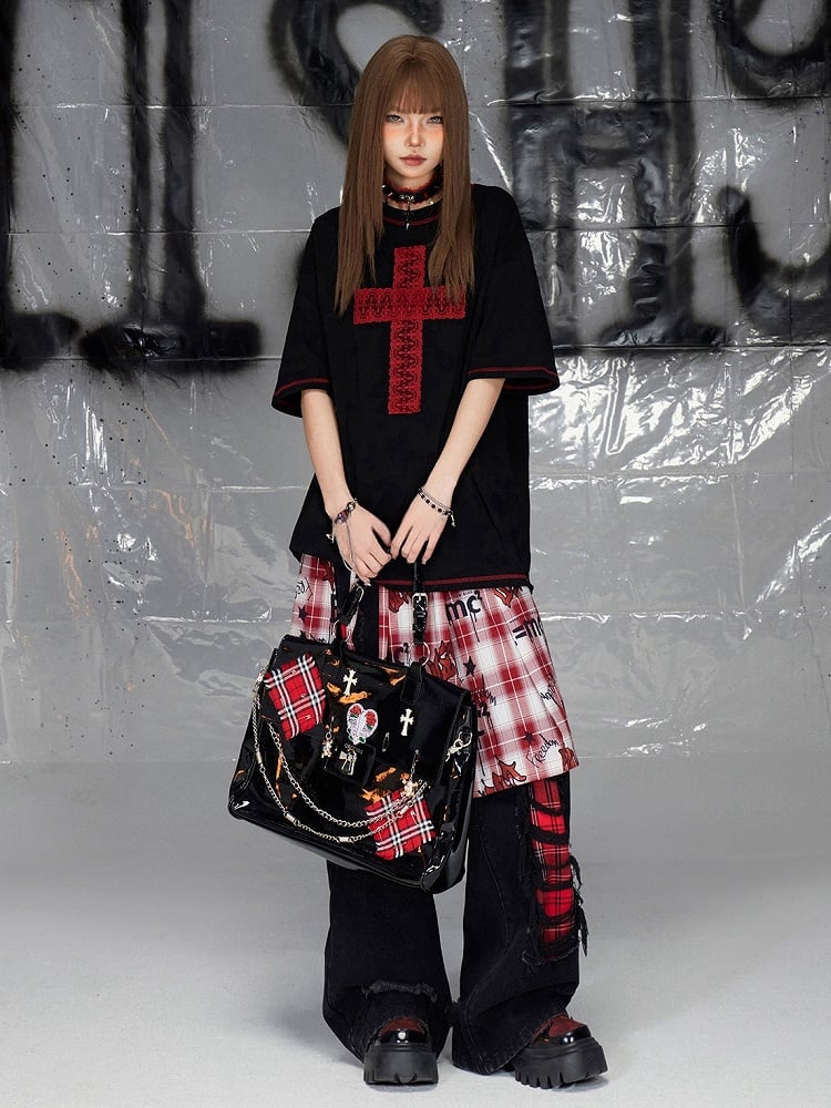 Black Cross Pattern Round Neck T-shirt