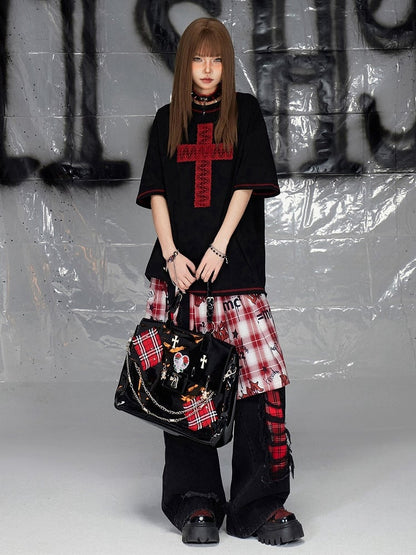 Black Cross Pattern Round Neck T-shirt