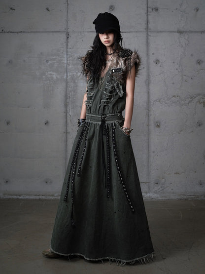Metal A-Line Straps Punk Oversized Green Dress Edges Vest Eyelet Dark with Raw