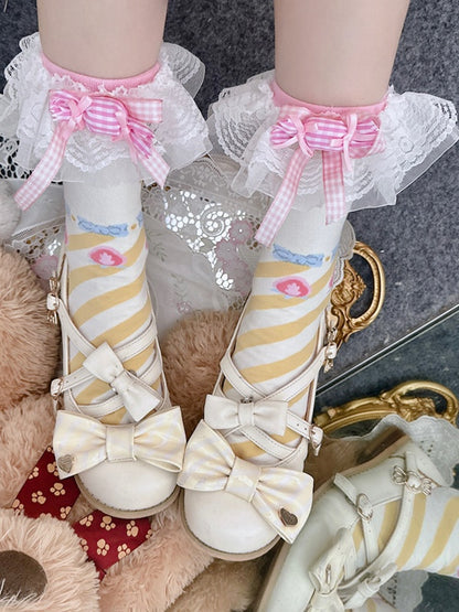 ピンク＆イエローのスイートロリータリボンストライプ柄カーフソックス