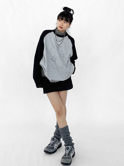 Gray Sleeve Black Neck Unisex Apple Print Long Daily Top Kawaii Round with
