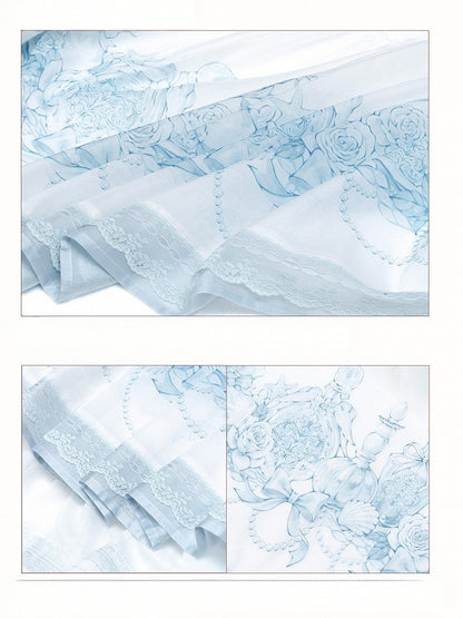 Layered Blue & White Lace Tencel Skirt with Floral Print - Yimu Walnut