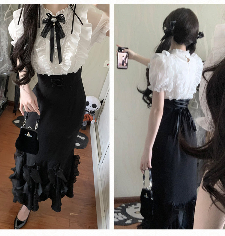 ロリータホワイトピースブラックエレガントツーデザインマーメイドドレスウエストスカートボーンフェイクブラウス