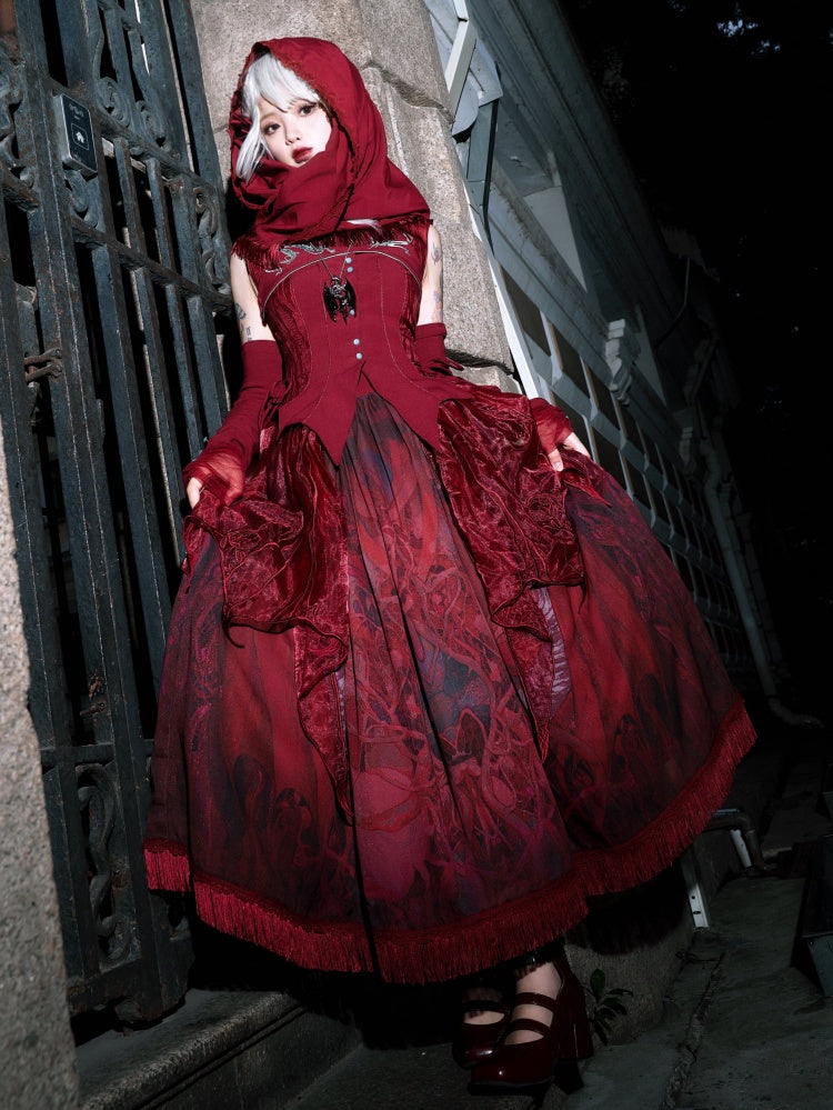 不規則な刺繍オーバーレイが施されたレッドドラゴンプリントスカート