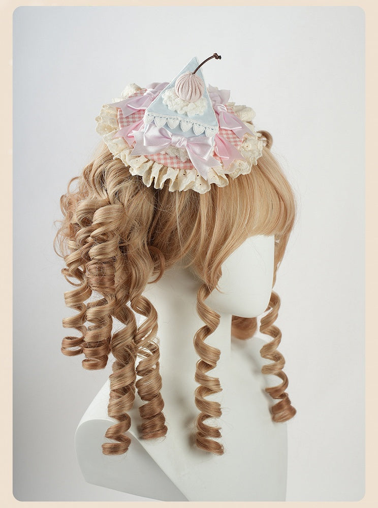 Sweet Lolita Blue&Pink Bow Ruffled Trim Triangular Cake Mini Hat