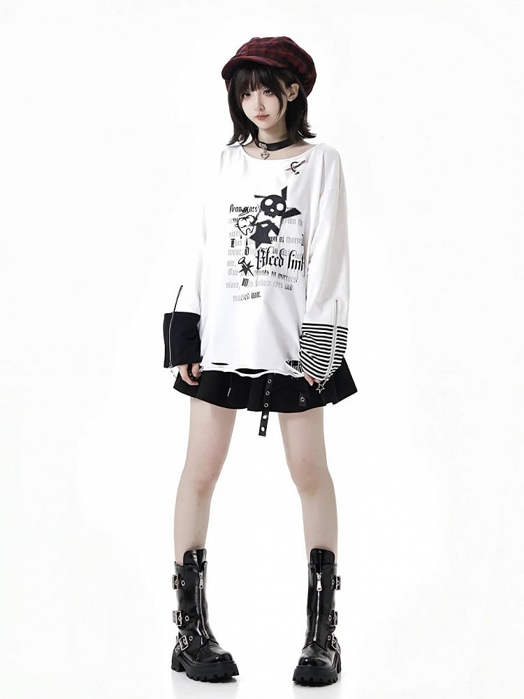 Distressed Zipper Print with Holes White Top and Long Cuffs Sleeve Rock