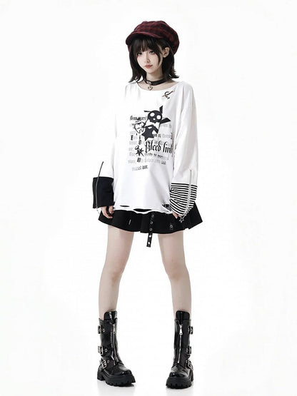 Distressed Zipper Print with Holes White Top and Long Cuffs Sleeve Rock