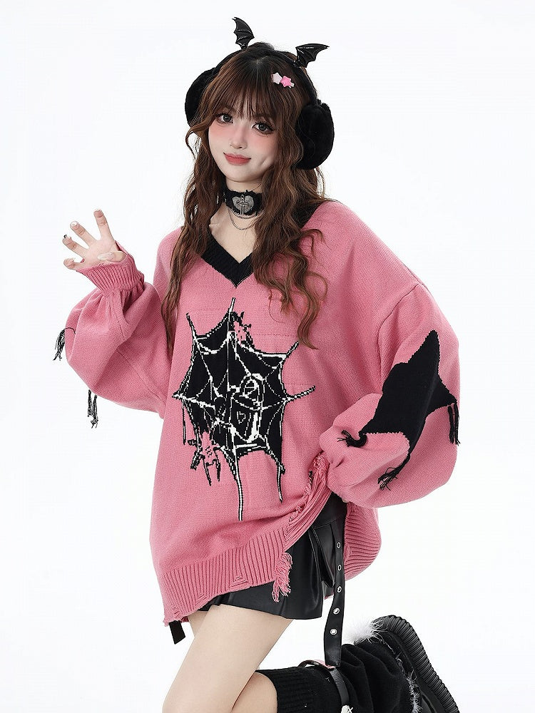 Web Spider Holes Pattern Sweater Hem Distressed Pink