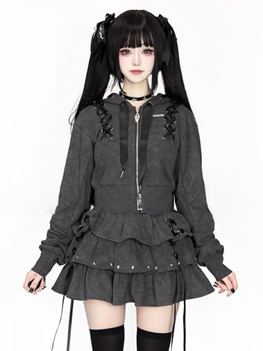 Gray Jirai Kei Stud-Decorated Hoodie Dark Lace-Up
