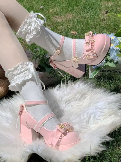 Star Hime Mary with Key Lolita Bow Shoes Fastener Decor Pink Top Jane