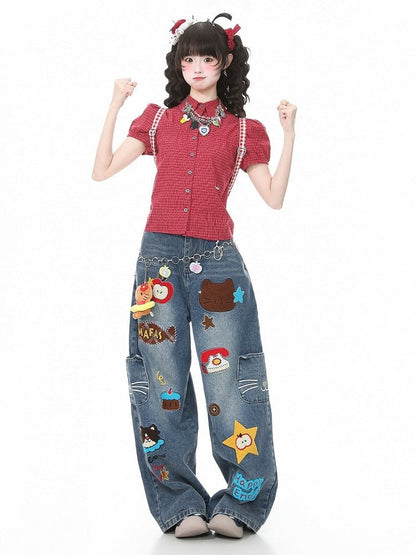 Daily Kawaii Red Plaid Puff Sleeve Polo Collar Shirt - Languid Park