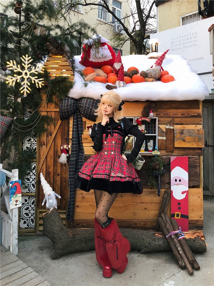 Weihnachten Rote Katzenohren Plüsch Saum Plaid Kleid Lolita Pullover Rock