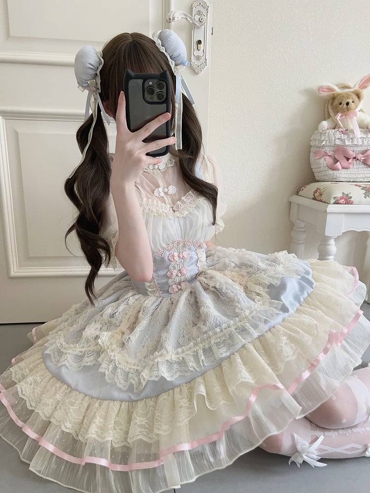 Chinoiserie Trim Dress Lolita Lace Blue Ballet-Inspired Frog Cute Button JSK