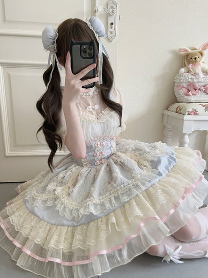 Chinoiserie Trim Dress Lolita Lace Blue Ballet-Inspired Frog Cute Button JSK