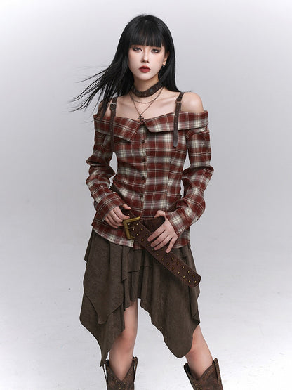 Plaid Off-Shoulder Design Blouse Gothic with PU Adjustable Red