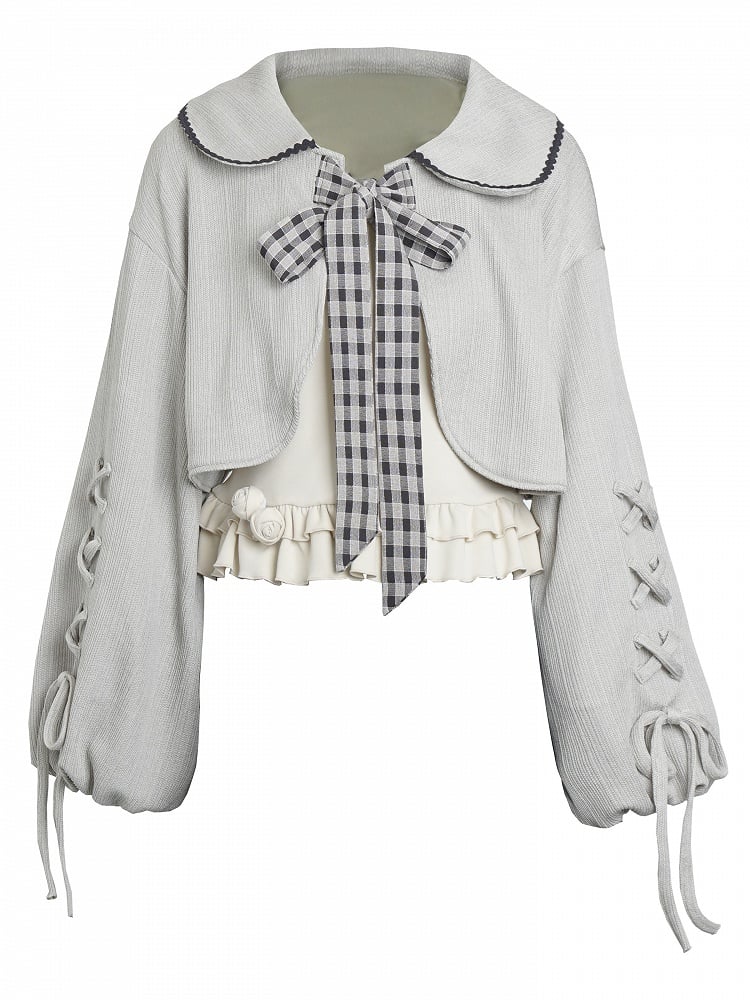 Lace-Up Dusty Set Pan Knit Gray Collar Kei and Cami with Sleeves Beige Peter Cropped Top Mori