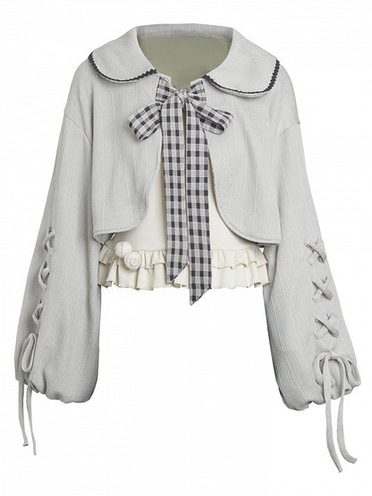 Lace-Up Dusty Set Pan Knit Gray Collar Kei and Cami with Sleeves Beige Peter Cropped Top Mori