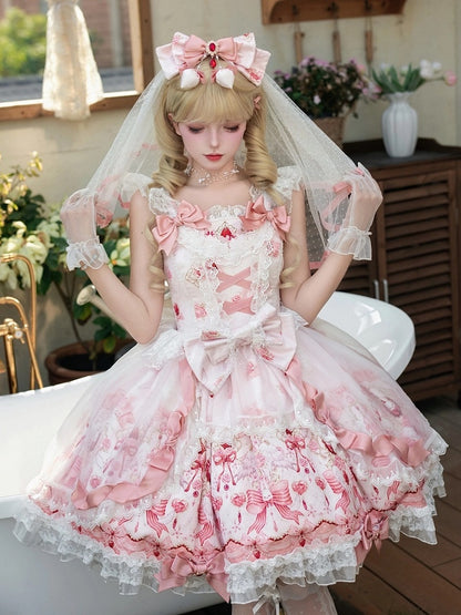 Sweet Strawberry Printed Pink Lolita JSK Dress Adorned with Bow Accents - PG Lullaby
