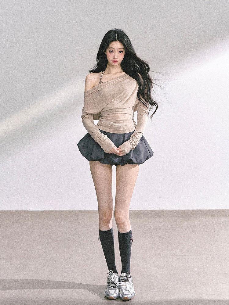 Pink/Khaki Asymmetrical Neckline Top Faux Two-pieces