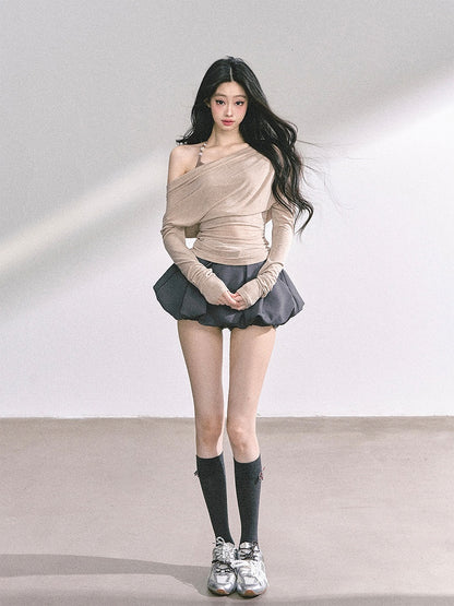 Pink/Khaki Asymmetrical Neckline Top Faux Two-pieces