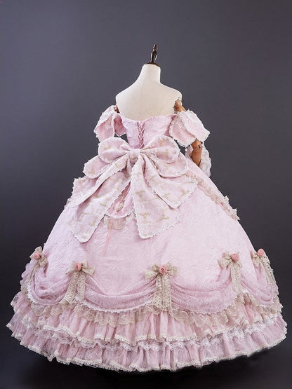 Bow Hanayome Pink Long with Layered Details Ruffles Lace Gown and Hime Version Off-Shoulder Lolita
