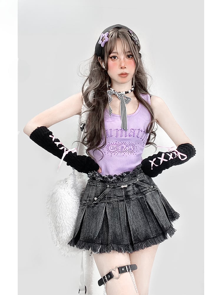 Y2K ヴィンテージ ブラック フェードウォッシュ ディストレストリム ボックスプリーツ デニム グラマラススカート