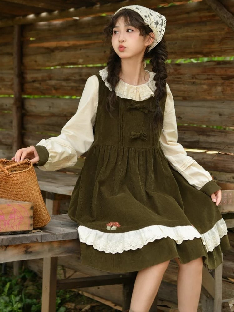 Green Mori Kei Bowknot Details Corduroy Overall Dress