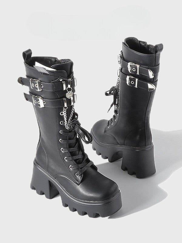 Boots Charm Gothic Mid-Calf Chain Sole - System Chunky Fastening Black Triple with