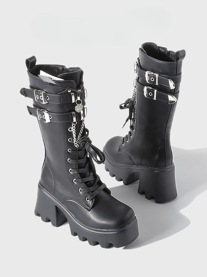 Boots Charm Gothic Mid-Calf Chain Sole - System Chunky Fastening Black Triple with