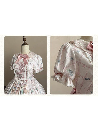 Sweet Lolita OP Dress Set with Puff Sleeves, Bear Print and Floral Embroidery - Treasure House