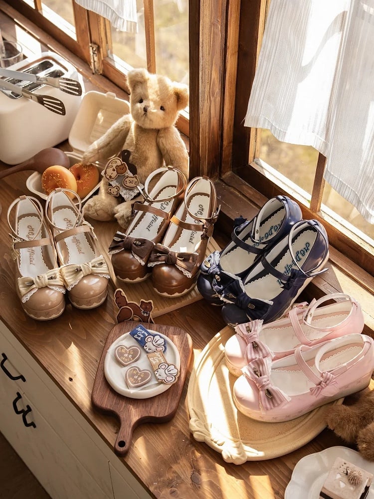 Khaki Shoes Hem Striped Lace-trimmed Scalloped - Sweet Platform Bow in Lolita