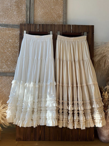 Jupe beige élégante avec ourlet Lolita à plusieurs couches à volants en coton ample